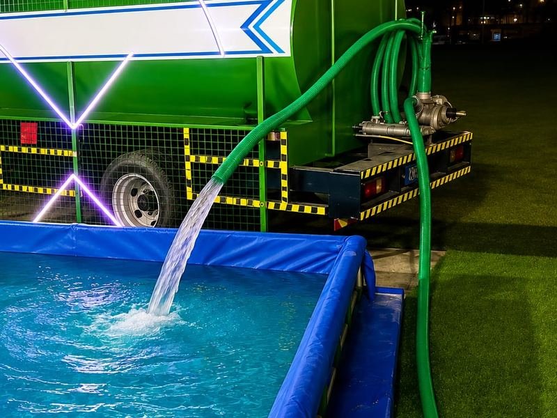 Water tanker filling a swimming pool with sweet water